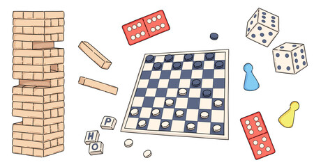 Table game board with dice element illustration. Domino boardgame to play design set. Family party activity with checkerboard, figure, wooden jenga for entertainment at home. Team hobby collection © klyaksun