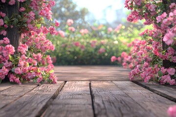 The wooden floor is surrounded by pink flowers, creating an outdoor scene with a blurred background.