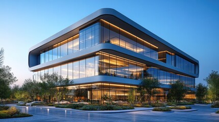 Modern glass building with sleek design and surrounding greenery.