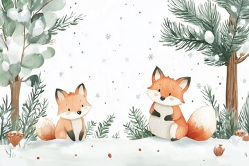 Watercolor nursery composition. Hand painted christmas woodland of baby animals in wild, forest winter scene, snow, fir tree, fox. illustration for baby shower, kids print, wall art, christmas card