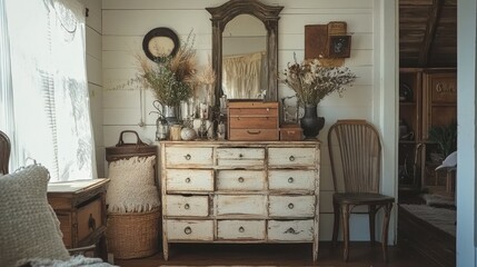 A beautifully styled entryway featuring charming upcycled vintage furniture, creating a welcoming atmosphere with unique decor elements