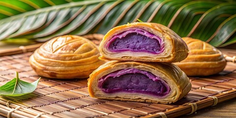 Purple Yam Pastry Delights on a Woven Mat with Lush Green Foliage