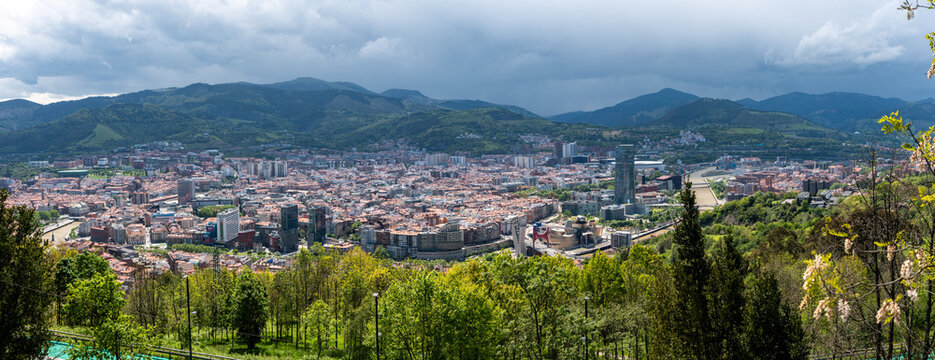 Panoramic view from downtown Bilbao and the famous Guggenheim museum seen from the Artxandako hill