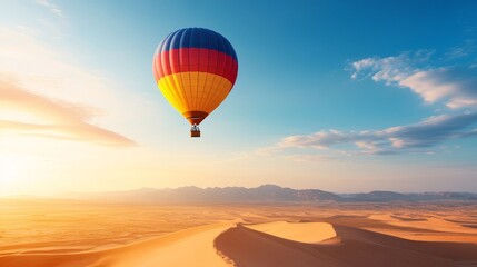 Obraz premium A striking hot air balloon in bold colors flying high over an expansive desert, the sand dunes below constantly shifting with the wind. desert landscape, hot air balloon