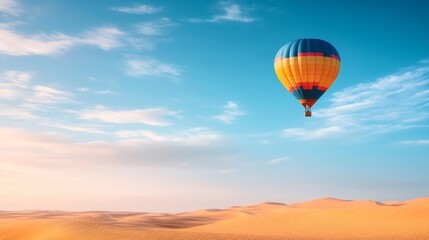 Fototapeta premium A striking hot air balloon in bold colors flying high over an expansive desert, the sand dunes below constantly shifting with the wind. desert landscape, hot air balloon