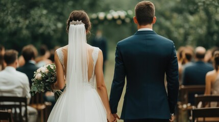 Newly Married Bride and Groom Holding Hands Tenderly During Their Intimate Outdoor Wedding Ceremony Surrounded by Seated Guests in a Picturesque Venue with a Depth of Field Effect