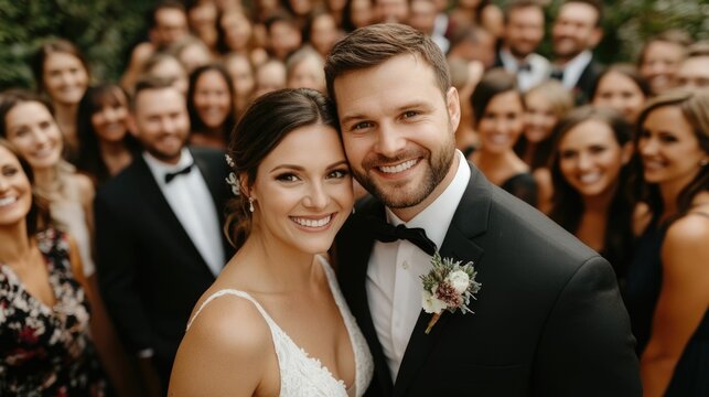 Newlywed couple posing for photos with a joyful crowd of guests gathered around all dressed in formal attire and celebrating the special occasion of their wedding ceremony and reception