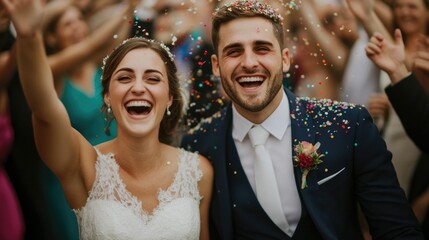 Newlywed couple exiting their wedding venue surrounded by guests happily cheering and throwing colorful confetti to celebrate the special occasion