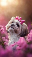 A small dog with a bowtie looks up at the sun shining through a field of flowers. AI.