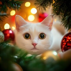 A white cat peeks out from behind a Christmas tree. AI.