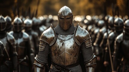 A valiant knight in polished silver armor at the forefront of a marching army, their poised stance inspiring loyalty and confidence in their troops