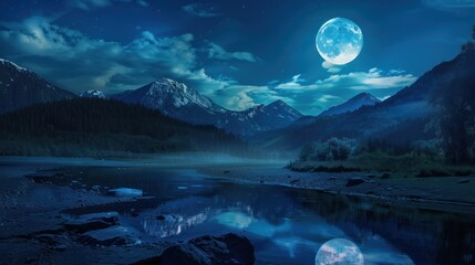 Serene Moonlight over Mountain River