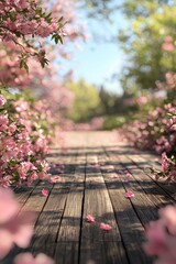 The wooden floor is surrounded by pink flowers, creating an outdoor scene with a blurred background.