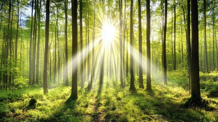 Obraz premium A sunlit forest with light filtering through the branches, illuminating the ground and leaving an open area for text.