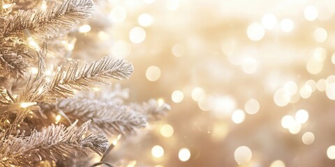 Festive background with warm holiday lights on frosted tree branches, with soft golden bokeh against a light beige backdrop. Christmas web designs and print materials, space for text