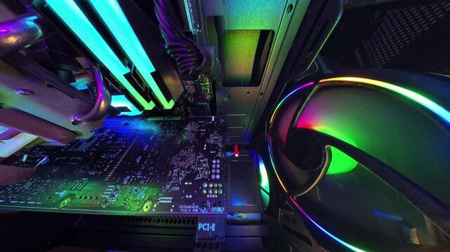 A close-up view inside a gaming PC, showcasing the illuminated motherboard, glowing RGB cooling fans, and intricate hardware components, with vibrant colors highlighting the high-tech interior setup.