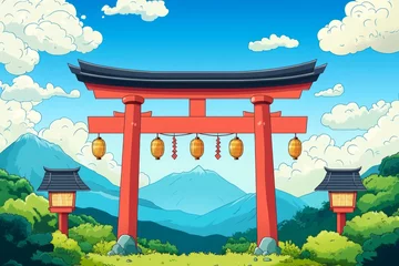 Fotobehang Japanese Torii Gate in Mountain Landscape © Montaha Hossain