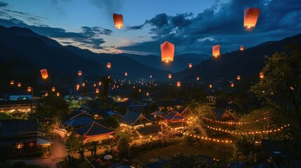 Sky Lanterns Over a Mountain Village