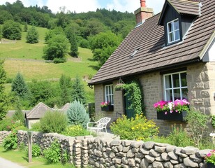 Quaint Stone Cottage with Flower Boxes in Green Countryside Landscape Photograph