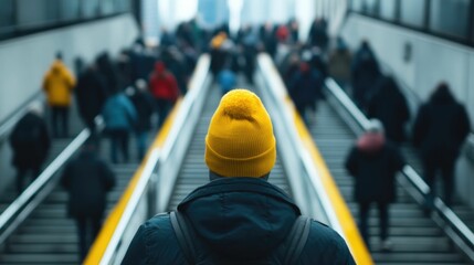 Overhead view of commuters walking up subway stairs in a deep depth of field against a backdrop of a bustling city street above