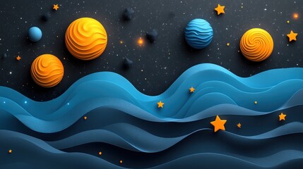 Abstract 3D Render of Planets, Stars, and Wavy Blue Background