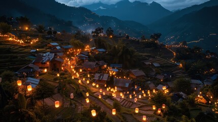 Nighttime Village on Mountainside with Lanterns