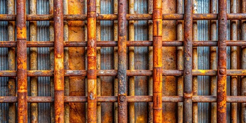 A rusty metal grid pattern, composed of thick and thin bars, displays a captivating texture with rich hues of orange, brown, and gray.