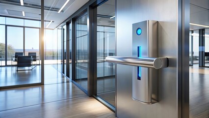 A modern office door with a sleek metal handle and a glowing blue light indicator.