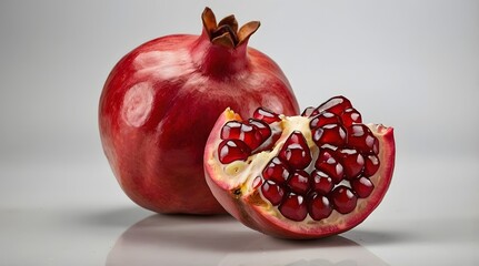 close up slice of ripe pomegranate, one red pomegranate, fresh pomegranate, white background