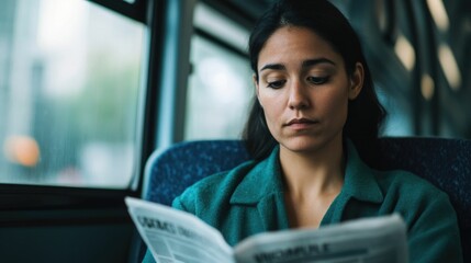 A woman sits on a bus intently reading a newspaper as the bustling city scenery outside the window blurs in the background creating a sense of contemplation and solitude within the urban environment
