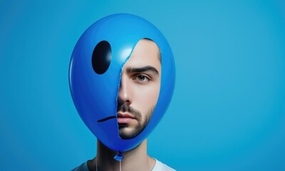 A young man with a blue balloon mask reflecting emotions on Blue Monday in a bright studio setting