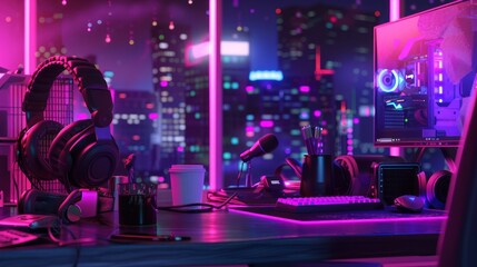 Neon Cityscape Gamer Desk Setup