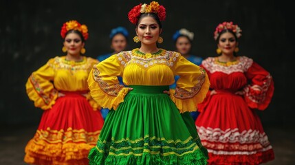 Fototapeta premium Vibrant and energetic traditional folk dance performance by a group of costumed dancers in colorful and elaborate traditional ethnic costumes