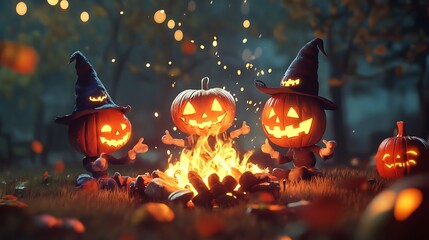 Halloween playful characters celebrating around a bonfire