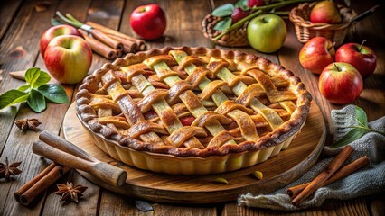 A Golden Lattice-Top Apple Pie Surrounded by Fresh Fruit and Aromatic Spices on a Rustic Wooden Table