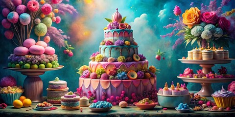 A whimsical tableau of colorful cakes and floral arrangements adorned with pastel hues and sparkling accents, evoking a sense of playful wonder.