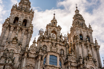 Magnificant baroque architectural detail of the Western facade of the famous cathedral in Santiago de Compostela in Galicia