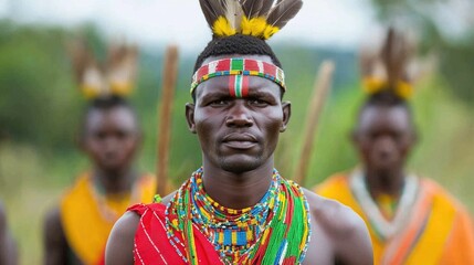 Captivating image of members of an African tribal community participating in a vibrant cultural ceremony adorned with intricate beadwork feathered headdresses