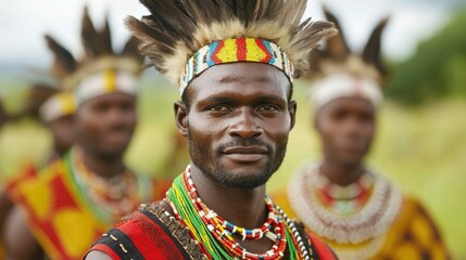 Vibrant group of African tribe members adorned with beads and feathers performing a lively cultural ceremony in a remote natural setting
