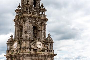 Rich decorated classicistic bell tower of the famous cathedral in Santiago de Compostela in Galicia