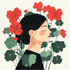 Human with geraniums in mixed colors, delicate botanical details, flat design illustration