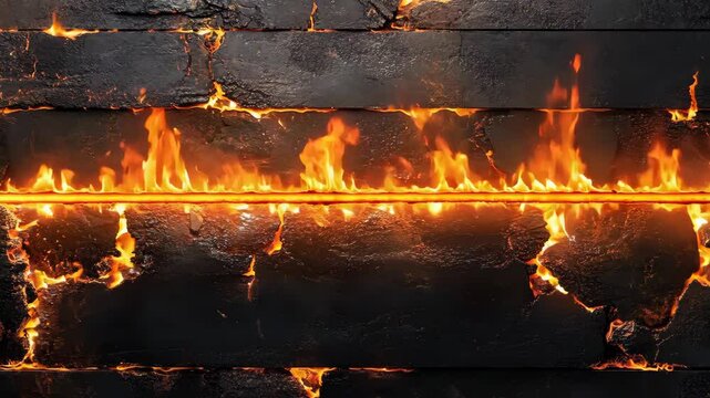 Another wall of dark bricks with a bright flame line running horizontally across the middle, resembling Image 1 but with slight variations in intensity and flame pattern. The fire illuminates the bric