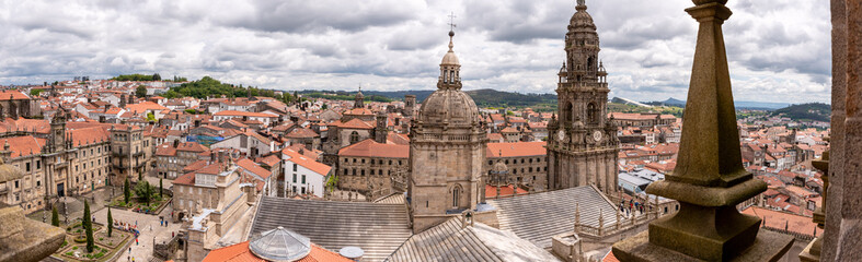 Panoramic view of the city center of Santiago de Compostela, seen from the roof of the famous cathedral, Galicia