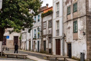 Typical old Spanish terraced houses at the Mazarelos square in Santiago de Compostela