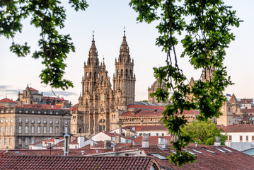 Sunset over Santiago de Compostela seen from the famous cathedral viewpoint in the Alameda park, Galicia