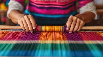 Guatemalan Woman Weaving Vibrant and Patterned Traditional Fabric on a Loom Highlighting the Rich Cultural Heritage Artisanal Craftsmanship