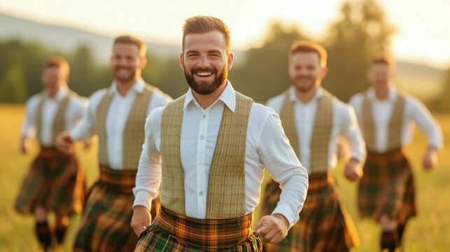 Group of men dressed in traditional Irish kilts performing a lively and energetic folk dance in a scenic countryside setting  The performance showcases the cultural heritage and festive community