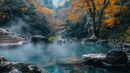 Serene Hot Springs in Autumn Foliage