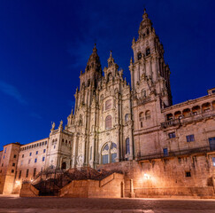 Fototapeta premium Baroque portal of the famous Santiago de Compostela cathedral at night, Galicia