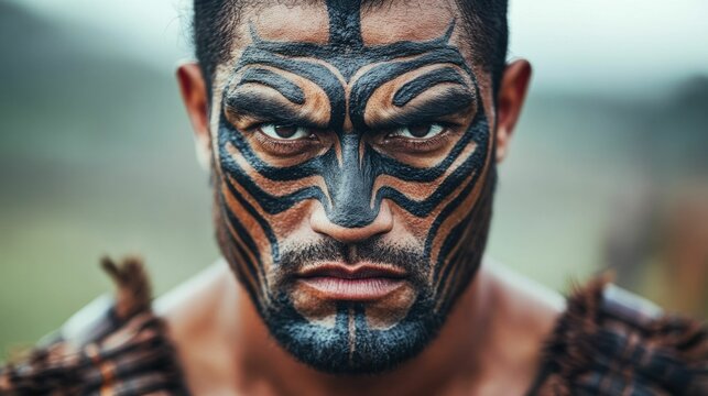 Intense close up portrait of a Maori warrior wearing traditional ceremonial attire fiercely performing the powerful aggressive haka dance during a cultural ceremony or event in New Zealand